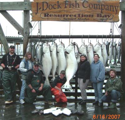The Crew and Friends of Seward Adventure Charters; Captain Jj Robinson, Patti Stegall, Captain James Stegall, Stacy, Deckhand Justin Stegall, Adrina Davis and Brad Davis